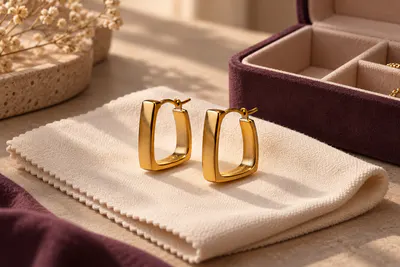 Gold-toned hoops on a dry soft cloth beside a compartment jewellery box